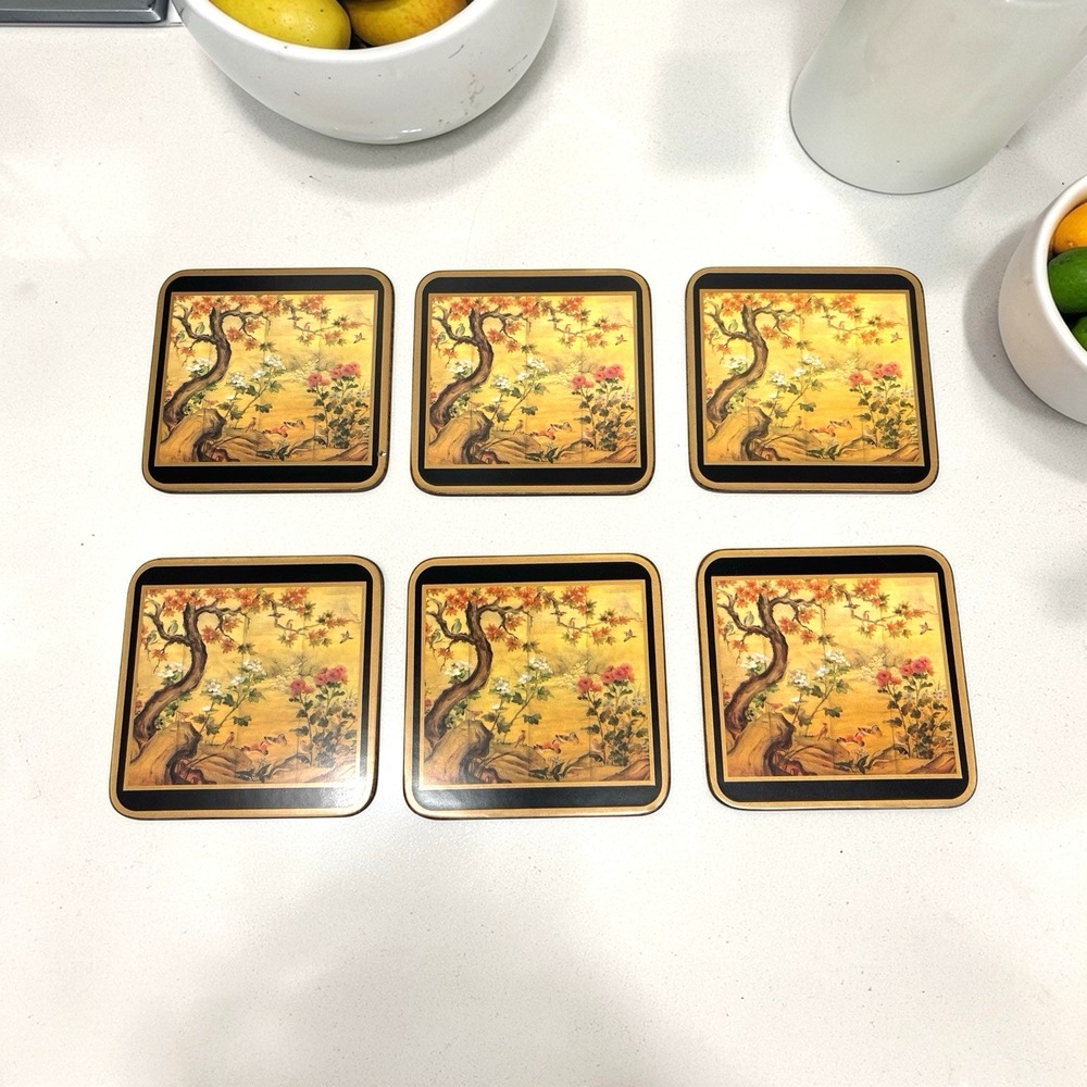Vintage Pimpernel Acrylic Coasters Chinese Screen Pattern Back Corked set‎ Of 6
